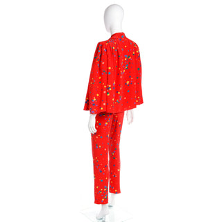 S/S 1979 Valentino Couture Red Silk Polka Dot Pants Ensemble with Jacket, Blouse & Trousers