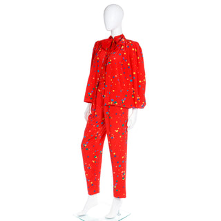 S/S 1979 Red Silk Polka Dot Valentino Couture Pants Ensemble with Jacket, Blouse and Trousers