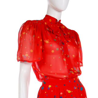 S/S 1979 Valentino Couture Red Silk with Multi Colored Polka Dot Ensemble with Sheer Blouse