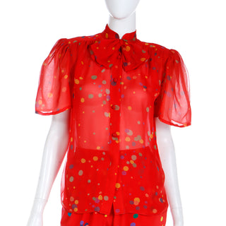 S/S 1979 Valentino Couture Red Silk with Multi Colored Polka Dot Ensemble Blouse with Puff Short Sleeves