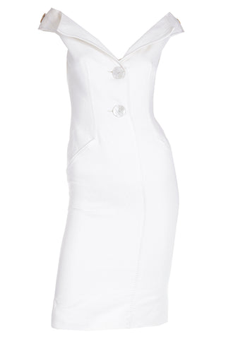 2000s Valentino White Cotton Dress With Wide Open Neckline & MOP Buttons