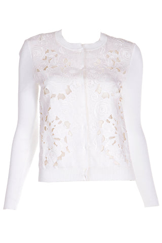 2000s Valentino White Cotton Cardigan Sweater with Cutwork & Silk Lining