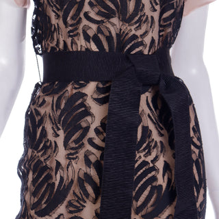 2000s Valentino Black and Blush Lace Overlay Evening Dress with Black Sash Belt