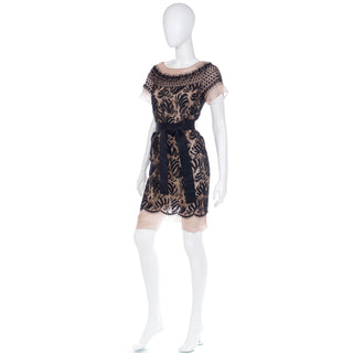 2000s Valentino Blush silk With Black Lace Overlay Evening Dress