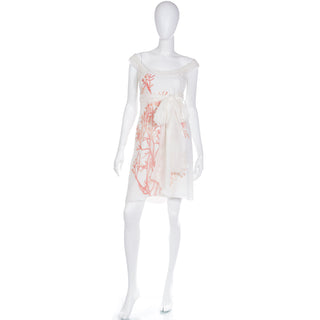 Vintage 2000s Valentino White SIlk Coral Print Sleeveless Dress with sash