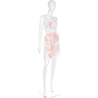 2000s Valentino White SIlk Coral Print Sleeveless Dress w sash