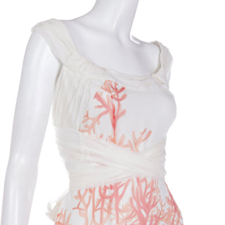 2000s Valentino White Fine SIlk Coral Print Sleeveless Dress with sash
