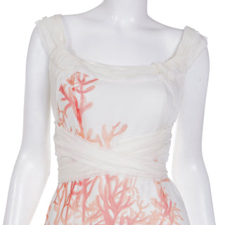 2000s Valentino White SIlk Chiffon Coral Print Sleeveless Dress with sash