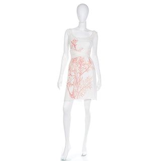 2000s Valentino White SIlk Coral Print Sleeveless Dress with sash Size Small