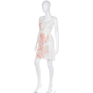 2000s Valentino White SIlk Coral Print Sleeveless Dress with sash Small