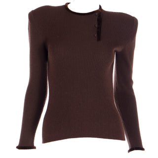 1980s Vintage Valentino Chocolate Brown Sweater w/ Velvet Trim S/M