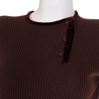 Vintage Valentino Chocolate Brown Sweater w/ Dark Brown Velvet Trim