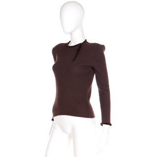 Vintage Valentino Chocolate Brown Sweater w/ Velvet Trim Made in Italy
