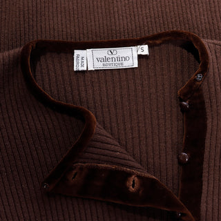 Vintage Valentino Chocolate Brown Sweater w/ Velvet Trim Made in italy in the 1980s
