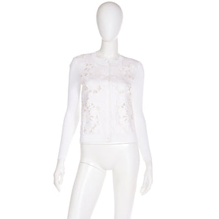 2000s Valentino White Cotton Cardigan Sweater with Cutwork & Silk Lining S