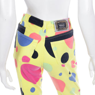 1990s Gianni Versace Jeans Couture Yellow Pants W Bold Colorful Polka Dots