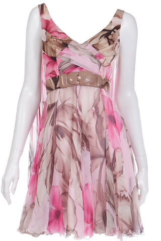 2008 Versace Pink Floral Silk Chiffon Dress w Medusa Head Belt Buckle