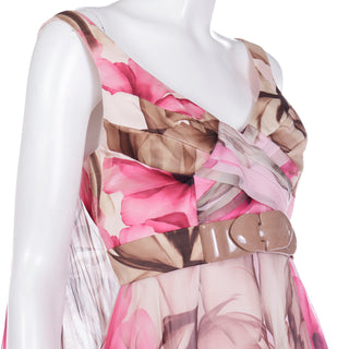 2008 Versace Pink Floral Silk Chiffon Dress w Medusa Head Belt Buckle and pleated bodice