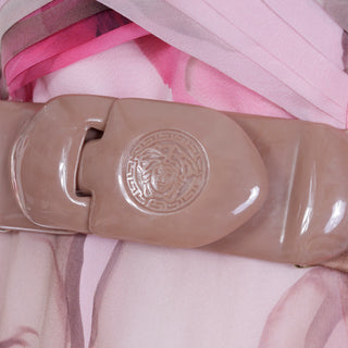 2008 Versace Pink Floral Silk Chiffon Dress w Medusa Head Belt Buckle Medium