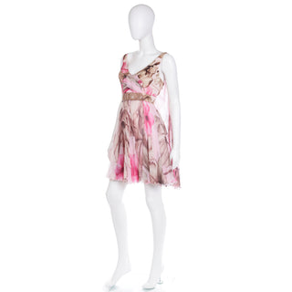 2008 Versace Pink Floral Silk Chiffon Dress w Medusa Head Belt Buckle and Chiffon Panels