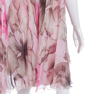 2008 Versace Pink Floral Silk Chiffon Dress w Medusa Head Belt Buckle and lettuce edge hem