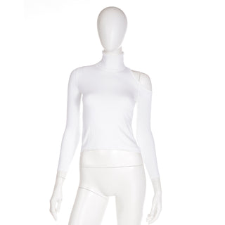 2010s Versace White Stretch Knit T Neck Top With Shoulder Cut Out S