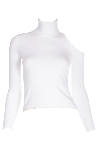 2010s Versace White Stretch Knit T Neck Top With Shoulder Cut Out