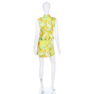 1960s Evelyn Margolis Green & Gold Watercolor Print Mini Dress Size XS