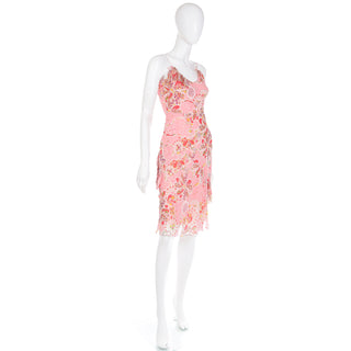 2000's Y2K John Galliano Pink Silk Chiffon Floral Bias Cut Dress w tiered skirt