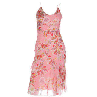 Vintage 2000's Y2K John Galliano Pink Silk Chiffon Floral Bias Cut Dress Size S