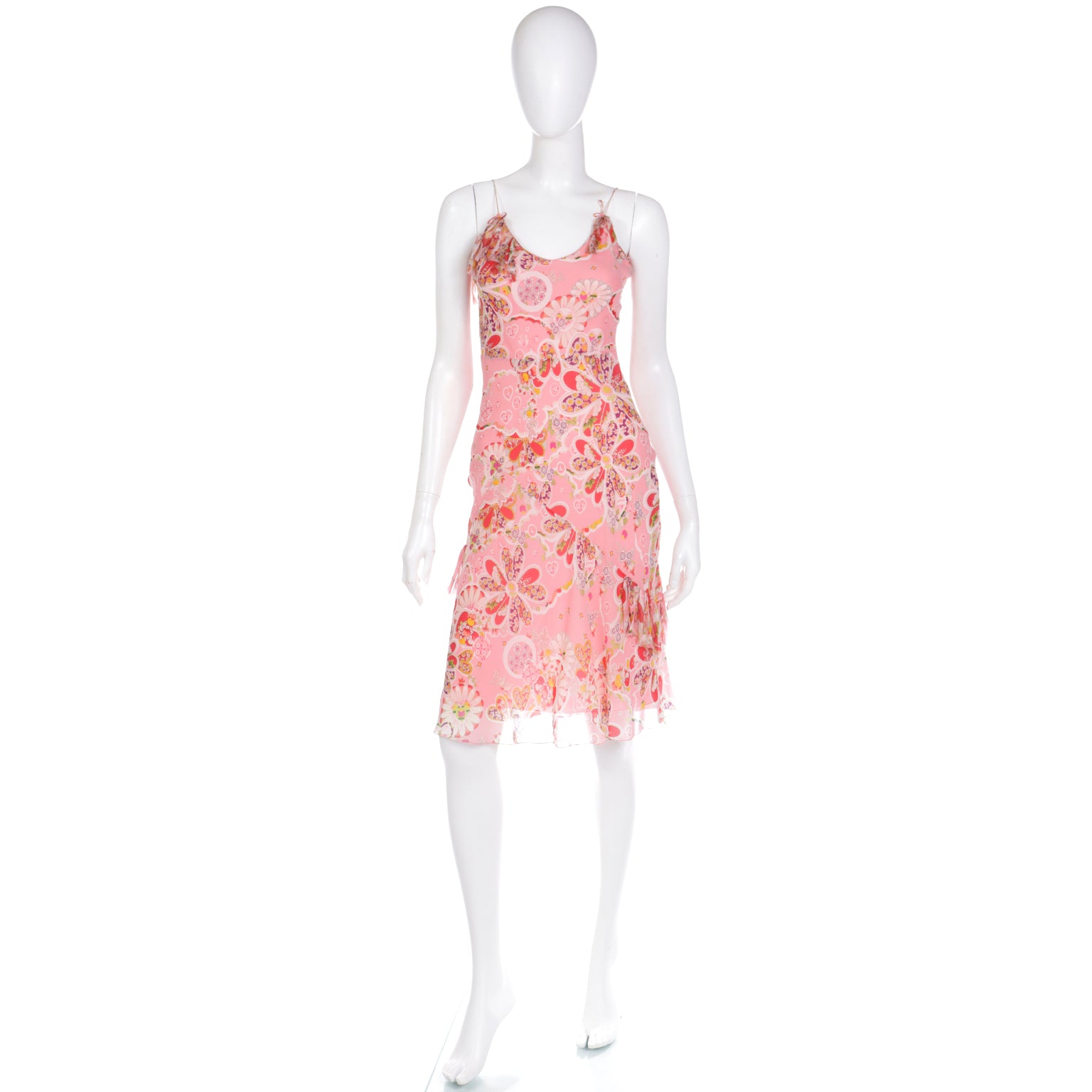 2000's Y2K John Galliano Pink Silk Chiffon Floral Bias Cut Dress 2000's Y2K John Galliano Pink Silk Chiffon Floral Bias Cut Dress