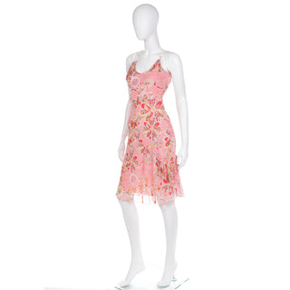 Vintage 2000's Y2K John Galliano Pink Silk Chiffon Floral Bias Cut Dress