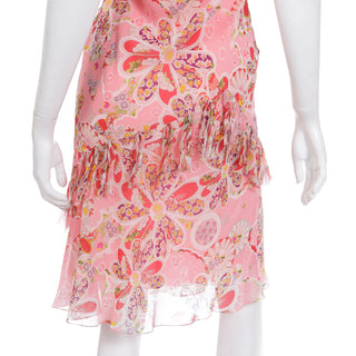 2000's Y2K John Galliano Pink Silk Chiffon Floral Bias Cut Dress with diagonal strips of fabric like ruffles