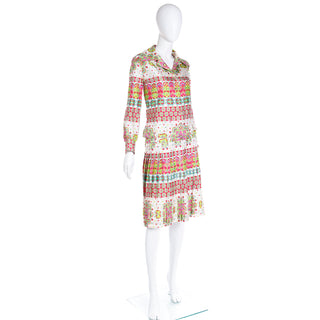1970s Boutique Balmain Colorful 2pc Silk Pleated Skirt & Top Outfit Set