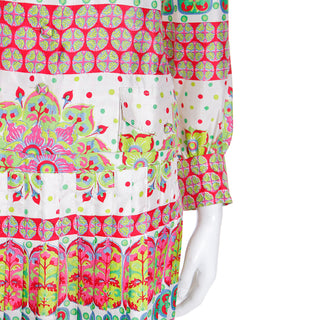 1970s Boutique Balmain Colorful 2pc Silk Print Pleated Skirt & Top Outfit