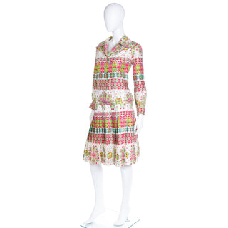 1970s Boutique Balmain Colorful 2pc Silk Dress with Pleated Skirt & Top Outfit Set
