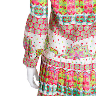 1970s Boutique Balmain Colorful Bold 2pc Silk Pleated Skirt & Top Outfit