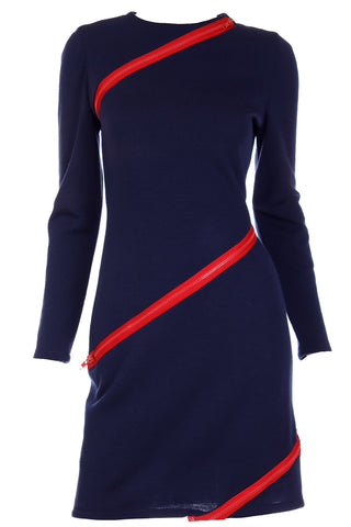 1980s Bill Blass Blue Knit Vintage Dress With Red Zippers