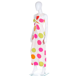 1994 Bill Blass Silk Colorful Large Dot Vintage Runway Halter Dress