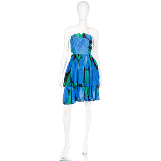 Vintage 1980s Blue & Green Botanical Print Bustier Dress w Tiered Skirt
