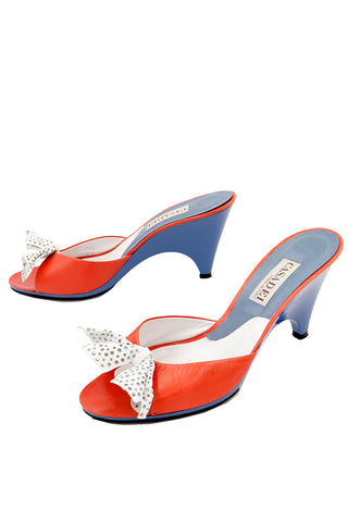 1990s Casadei Shoes Red & Blue Peep Toe Pierced Bow Slides