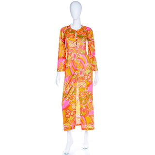 1960s Cole of California Mod Bold Pink Yellow & Green Floral Maxi Dress with Slit