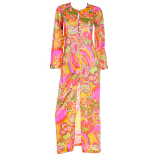 1960s Cole of California Mod Bold Pink Yellow & Green Floral Maxi Nylon Dress