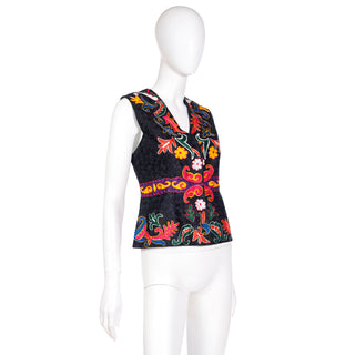 1970s Black Vest with Colorful Hungarian Style Embroidery