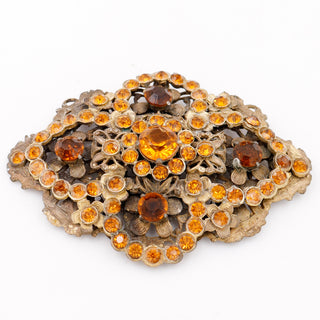 Vintage 1930s Czech Oversized Brooch With Faceted Amber Orange Crystals
