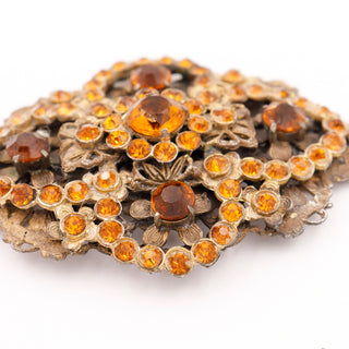 1930s Czech Oversized Vintage Brooch W Faceted Amber & Orange Crystals 