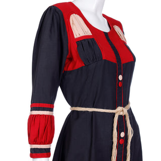 1970s Navy Blue Red & Beige Cotton Ethnic Dress with Twisted Rope Belt