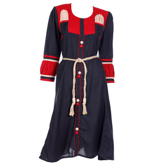 1970s Navy Blue Red & Beige Cotton Ethnic Dress W Natural Rope Belt