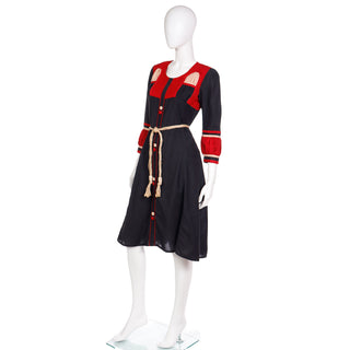 1970s Vintage Navy Blue Red & Beige Cotton Ethnic Dress