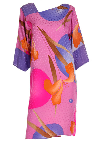 1980s Flora Kung Silk Dress in Pink Orange and Blue Bold Print